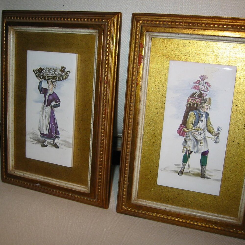 B Altman Medieval Porcelain Tiles Cries of London Framed Plaques In Pair
